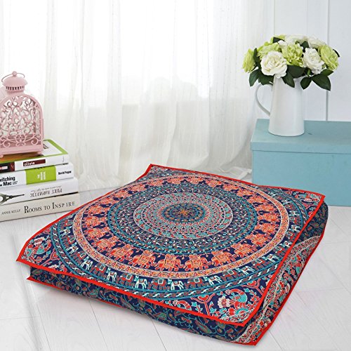 GANESHAM Manta decorativa india mandala cama para perro, mandala boho decoración, hecha a mano mandala suelo pouf otomana boho almohada tapiz gato o cama infantil 89 x 89 cm