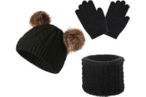 YloveM Kinderschal und Handschuhe Set, Jungen Mädchen Warmen Hut Mütze mit 2 Bommeln Strickmütze Für Kinderkinder Kinder Unisex Gestrickt Hut