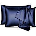 MahMir® Silk Satin Pillowcase for Hair and Skin Queen - Blue Silk Pillowcase 2 Pack 75L x 50W CM (30x20 Inches) - Satin Pillow Cases Set of 2 with Envelope Closure (2pcs Navy Blue)