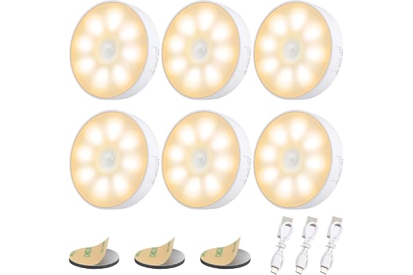 Electight Rörelsesensorlampa Inomhus [8 LED], 6 Stuks - 3000K Varmt Vitt | USB-Uppladdningsbar Nattlampa, 400 mAh Batteri & 3 Ljuslägen, Trådlös Magnetisk Nattlampa, för Trappor, Garderob, Hall