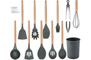 AKINOYAMA Küchenhelfer-Set 12-teilig Silikon-Kochutensilien-Set mit Holzgriff, hitzebeständig antihaftbeschichtet Kochgeschirr Zange Spatel Löffel-Set beste Küchenutensilien mit (Grau)