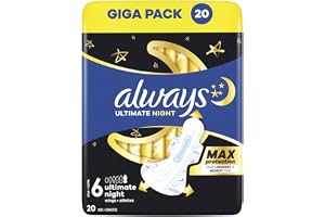 Always Ultimate Night Bindning, damstorlek. 6, 20 sanitetsbindor med vingar, superabsorberande och ultratunna
