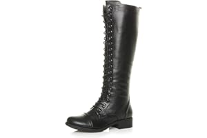 Ajvani Femmes Talon Bas Hauteur du Genou Mollet armée Lacer Bottes Militaires Pointure
