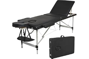Massage Table Portable Massage Bed 3-Section Portable Folding SPA, Lightweight, Spa Tattoo Couch Bed, 3/2 Zones with Height-Adjustable, with Carry Bag, Aluminum Feet (Black)