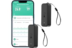RISOON Termómetro higrómetro inteligente: resistente al agua, sensor de humedad y temperatura con notificación de alarma por aplicación, sensor WiFi para interiores y exteriores, fit con Alexa (Black,2PCS)