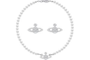 Senteria Silver Pearl Necklace for Women with Planet Earrings White Pearl Choker Necklace for Women Crystal Rhinestone Planet Necklace and Silver Stud Earrings Set Gifts for Anniversary Christmas