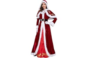 FEMEREINA Christmas Costumes Cloak Mrs. Claus Santa Xmas Velvet Hooded Cape Robe Deluxe Length Dress with Santa Hat Belt