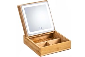 BESCH Organizador Cométicos de Bambú con Separadores, Espejo y Luz LED 19.7x19.7x6cm - Recargable con USB