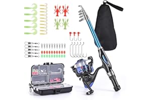 Lixada Blusea Fishing Rod Reel Combo Full Kit 1.5m Telescopic Fishing Rod Spinning Reel Set with Hooks Soft Lures Barrel Swivels Storage Bag