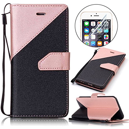 LG Stylus 2 Hülle,LG LS775 Leder Case,Sunroyal PU Leder Brieftasche Schutzhülle Tasche Handyhülle Schutz Hüllen im Bookstyle Ledertasche mit Stand Funktion Kartenfächer Magnetverschluss Magnet Etui Schale Schutzhüllen,Retro Schwarz Rose Gold Muster Entwurf Flip Klapp Cover Tasche mit Strap Kartensteckplatz Hinterschale Kartenschlitz mit Silikon Kratzfest für LG Stylus 2 LS775/LG G Stylo 2 + HD Super Klare Displayschutzfolie