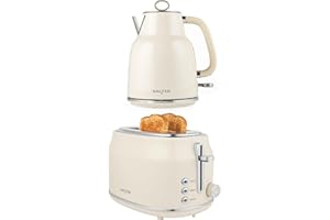 Salter Retro Cream Kettle & Toaster Set – 1.7L 3KW Rapid Boil Cordless Kettle with Boil Dry Protection & Auto Shut-Off, 815W 2-Slice Wide Slot Toaster with 6 Browning Levels & Defrost/Reheat/Cancel