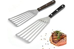GuDoQi Espátulas de Cocina, 2 Piezas (11 y 12,5 Pulgadas), Espátula de Pescado Profesional, Mango De Madera, Acero Inoxidable, Antiadherente Espátula para Cocinar Pescado, Huevo, Freír Albóndigas