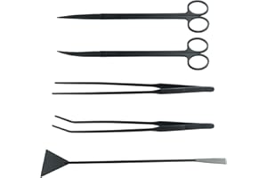 COPTINER Kit 5 in 1 in acciaio inox per acquario, accessori per la pulizia del serbatoio dei pesci, strumenti acquatici per acquari, pinzette per piante acquatiche, set di spatole per principianti (nero)