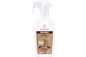 Ecran Sunnique Leche Protectora Solar Broncea+ SPF 50 en Spray Protección Alta UVB + UVA e IR-A Activa el Bronceado Natural, Sin Autobronceador, con Tecnología PureBronze, Resistente al Agua - 270 ml
