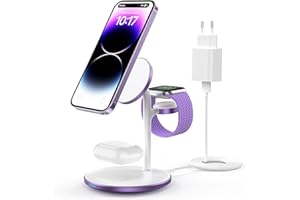 ROROSKIN Indukcyjna stacja ładująca, 3 w 1 bezprzewodowa stacja ładująca ładowarka, bezprzewodowa ładowarka kompatybilna z Mag Safe Charger dla iPhone 14 13 12 Pro Max/Plus Apple Watch 8 Fioletowy