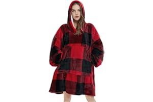 KLKIT Übergröße Pullover Decke für Damen/Herren Karomuster Tragbare Hoodie Decke Warmer mit Ärmeln und Taschen，Gemütlicher Langarmshirt größe Pullover