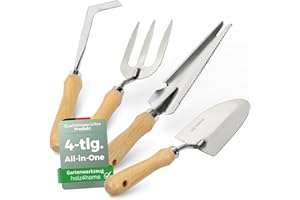 holz4home® Gartenwerkzeug Set 4-TLG. I Edelstahl & Eschenholz I Handschaufel, Unkrautstecher, Fugenkratzer, Gartengabel I Ergonomische Handwerkzeuge für Garten & Balkon