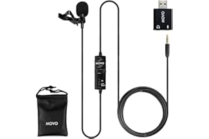 Uniwersalny mikrofon Lavalier USB Movo do komputera z adapterem USB kompatybilny z komputerami PC i Mac, smartfonami, aparatami fotograficznymi, podcastowaniem, mikrofonem przenośnym (kabel 6 metrów)