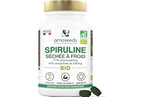 AMOSEEDS Spiruline BIO Extra Forte | 400 comprimés vegan de 500mg | Jusqu'à 19% Phycocyanine, Séchée à froid | 4500mg par jour | Vitamines, Réduit la Fatigue, Immunité | Qualité Supérieure