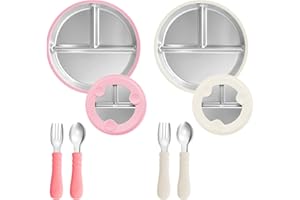MOONLIGHT MILES 2 Pack Stainless Steel Kids Plates with Removable Silicone Suction Sleeve,Non-Slip Divided Plates Baby Feeding Set,Food-Grad Toddlers Utensils for Led Weaning Supplies Dishwasher Safe (WH+PK)