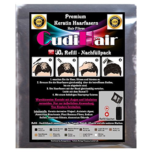 CudiHair~HAIR FIBERS~XL 50g CUDEK PREMIUM-DELUXE~XL REFILL SCHÜTTHAAR NACHFÜLLBEUTEL !! verschiede Farben !! SCHÜTTHAARE~HAARFASERN~STREUHAAR~BEI HAARAUSFALL (Mittelbraun (Medium Brown))