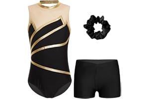 dPois Justaucorps Gymnastique Fille sans Manche avec Short Enfant Tenue Danse Jazz Brillant Body Gym Ballet Sport Costume Spectacle 3-16 Ans