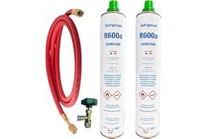 ALL4SALE 2x Envases R600a Isobutano | 840g Neto Total | Kit Completo Recarga Frigorífico y Congelador | Incluye Válvula y Manguera de Carga | Gas Refrigerante Ecológico