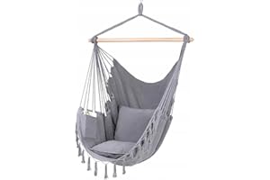 ‎NEED SLEEP Brasilianische Hängesessel Indoor & Outdoor mit 2 Kissen 80 cm & Bücherfach - max 150kg Tragkraft Hängeschaukel Hängekorb Wohn & Garten Hängematte für Kinder & Erwachsene (Grau)