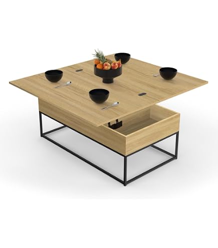 Table Basse Relevable Rectangulaire IDMarket Tara - Plateau Converti En Table à Manger - Blanc Et Imitation Hêtre - 9