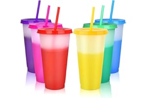 NUZEKY Plastikbecher Mehrweg mit Deckel & Strohhalm - 470ml Farbwechsel Becher, Erwachsene Kinder Partybecher Tasse Cup Travel Mug Kaffeebecher (6 Pack)
