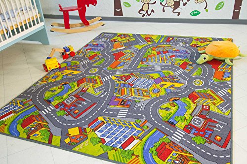 Kids Road Map Playmat Rug City - Children's Play Village Mat Town Roads Cars, Size 100x160 cm (3'3"x5'3")