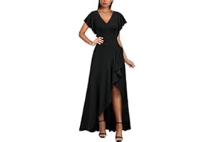 MIUSOL Women's Elegant V-Neck Ruffle Short Flutter Sleeves Empire Waist Split Evening Party Long Dress