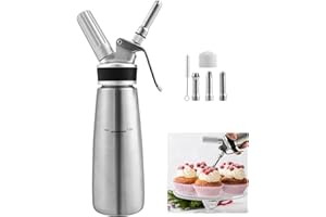 Eulenke Sahnespender Edelstahl 500ml mit Edelstahl 3 Deko-Düsen und Reinigungbürste, Sahnesyphon Sahnesprüher, Auslaufsicherer Sahnesiphon für die Zubereitung von Schlagsahne, Creme, Mousse, Desserts