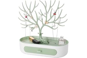 penobon Arbre Porte Bijoux avec Tiroirs, Support Arbre Bijoux en Plastique, Présentoir à Bijoux pour Boucles d'Oreilles, Colliers, Bracelets, Montres et Bagues (Vert + Blanc)