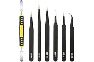 Cdemiy Precision Tweezers Set - 7 PCS ESD With Crowbar, Anti-Static Stainless Steel Craft, Magnetic Curved - Kit for Electronics, Jewelry, Handicraft, Laboratory