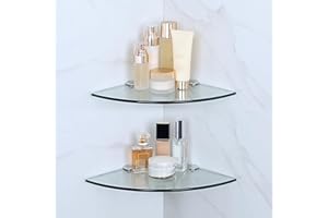SAYAYO Glass Corner Shelf Bathroom Glass Shelf 2 Pack 250MM (7MM Thick) Tempered Transparent Glass with Chromed Shelf Brackets Wall Mounted, EGBL1012S-C-2P