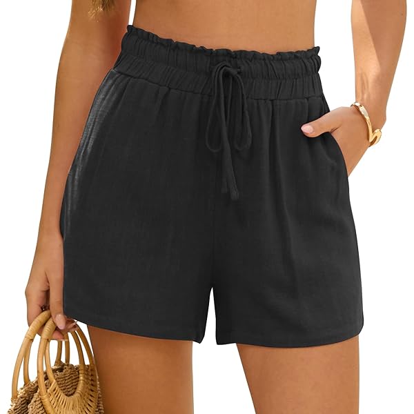 StylSense Korte broek voor dames, zomer, linnen, mousseline, bermuda shorts, katoen, hoge taille, damesshorts met trekkoord en zakken, blauw, S