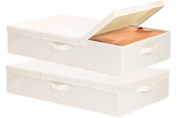YheenLf Förvaringsväska under sängen med lock, vikbar kläderförvaring med handtag, används för täcken, kuddar, Beige, 2-pack, 60 x 30 x 15 cm