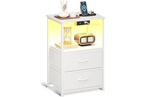 Coleshome Comodino Camera da Letto Bianco, con 2 Prese USB e 1 Presa di Corrente e Luci a LED, Comodini con 2 Cassetti in Tessuto e 1 Vano Portaoggetti, 40 * 30 * 60cm, Confezione da 1