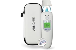 ABBI ESSENTIELS Termometro febbre digitale frontale e auricolare con custodia ABBICARE™| Modalità speciale neonato precisa e rapida in 1 secondo infrarossi | Termometri medici professionali bambini adulti
