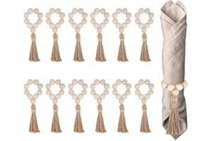 Creperture 12 Stücke Serviettenringe Natürliche Holzperlen Serviettenhalter mit Quasten Elastische Holzserviettenschnallen für Weihnachten, Bauernhaus, Hochzeit, Tischdekoration