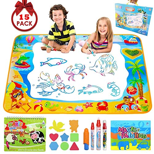 Pachock Grande Doodle Tappeto Magico 100CM x 70CM, Acqua Doodle Tappeto Disegno con 4 Penne Magiche ,1 Libretto di Design, 8 Template e 1 Libro Magico dell'Acqua per Bambini Regalo