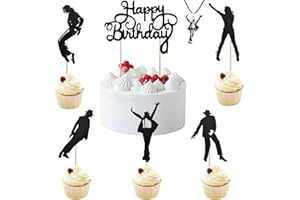 BOMJJOR Confezione da 7 topper per torta di compleanno e collana MJ Dance King Forever Birthday Cake Topper Michael Jacksn Ciondolo a tema decorazioni per torte