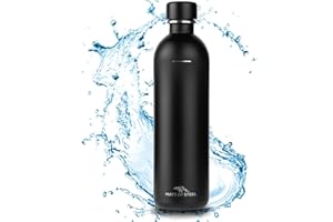 MATE OF STEEL® Botella de acero inoxidable 100% sin plástico, 1000 ml, compatible con Sodastream Easy & DUO, apta para lavavajillas, botella de 1 litro de metal para soda (negro, 1,0 L)