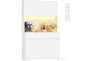 FirFurd Kitchen Cupboard 180cm Tall Cabinet Kitchen Sideboard Storage Cabinet with LED, Power Outlet, Adjustable Shelves, 2 Drawers, 6 Doors, Large Countertop 180x100x38.5 cm White