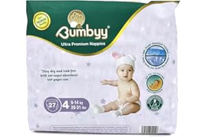 Bumbyy Leak-Proof Baby Nappies Size 4 - Ultra-Absorbent Soft & Thin Newborn Nappies for Sensitive Skin, 27 Baby Diapers, Hypoallergenic & Dermatologically Tested 12 hr Dry Nappy 9-14kg/20-31lbs