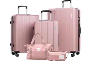 Vallsero Koffer Set, Gepäck Set, Trolleys, Reise Koffer 5tlg, ABS, TSA-Schloss, Enthält 1 Reisetasche und 1 Kulturbeutel, 4 Rollen, Aluminium-Teleskopgriff (Roségold)