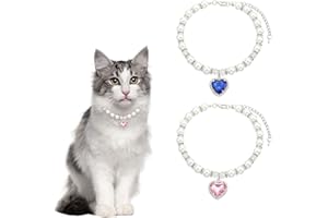 HACRAHO Hundehalsband, 2 Stück, glitzernde Strasssteine, Katzen-Hochzeitshalsband, verstellbare Perlen, Hundehalsband, mit Herzform, Diamant-Anhänger für Katzen, Hunde, Mädchen, Kostüm-Outfits