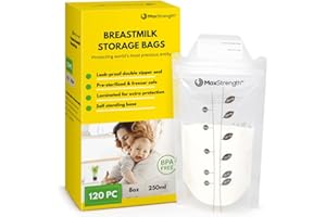 MAX STRENGTH PRO Breastmilk Storage Bags 120pc Set, BPA Free 250ml Pre-Sterilised, Extra Thick Leak Proof Breast Milk Saver Bags, Zipper Seal, Self-Standing, Best for Fridge & Freezer Containers