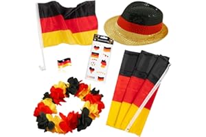 BOCK OP KÖLLE Fan-Set Deutschland – Best of Fanartikel Germany - Deutschland Flagge Fahne, Autofahnen, Sonnenhut, Hawaii Kette, Blinky, Gesichtstattoo Deutschlandset